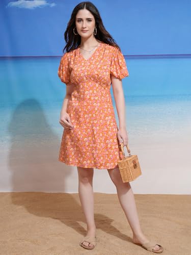 Image of Tokyo Talkies Women Peach Floral Printed Fit & Flare Mini Dress
