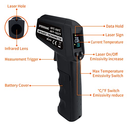 AHOSOUTLY Infrared Thermometer Temperature Gun -58℉~ 1022℉ (-50℃ ~ 550℃) Non-Contact Instant-Read Digital Laser Infrared Ir Thermometer with Color Screen (Black)