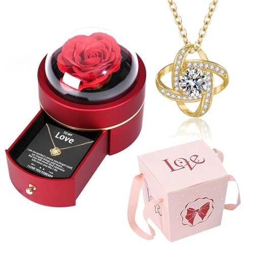 Preserved Handmade Rose Box with Four Leaf Clover Necklace, Jewelry Boxes Poetry Roses Gifts for Women Her Mom Wife Girlfriend on Valentines,Mother's Day with ''To My Love'' Card (Romantic Red)