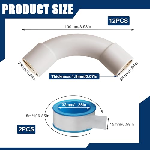 Nasxkji M25 Rohrbogen 90° 12 Stück Installationsrohr mit 2 Stück Teflonband Wasserdicht & Dicht Weiß PVC Leerrohr für Wasserleitungen Netzwerkleitungen Industrieinstallation