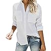 Runcati Womens Button Down Shirt Cotton Linen Long Sleeve V Neck Dress Shirts Casual Loose Roll Up Work Blouse Tops with Pockets White