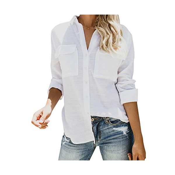 Runcati Womens Button Down Shirt Cotton Linen Long Sleeve V Neck Dress Shirts Casual Loose Roll Up Work Blouse Tops with Pockets White