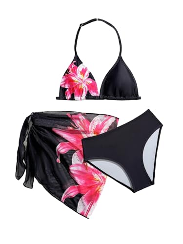 Fvnbvrst Girls' Floral Cute 3 Piece Bikinis for Teens Swimsuit Halter Bathing Suit with Coverup Floral Black 9-10 Years