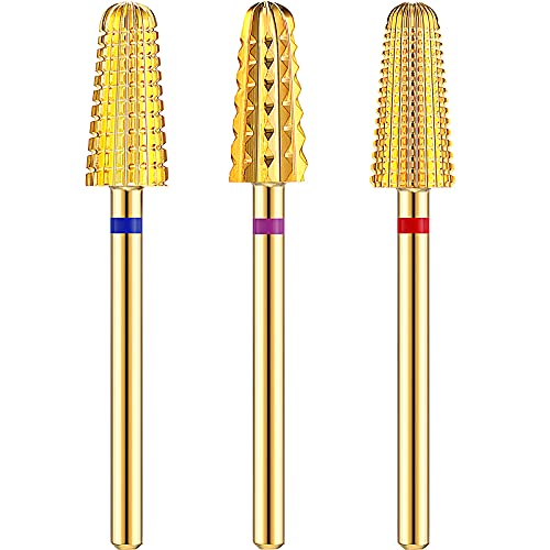 3 Pieces Nail Carbide Volcano Bits, Nail Carbide 5 in 1 Bit, Nail Drill Bits Set 2 Way Rotate Use for Both Left to Right Handed, 3/32 Inches Shank Size Drill Machine, 3XC, M, F (Gold)