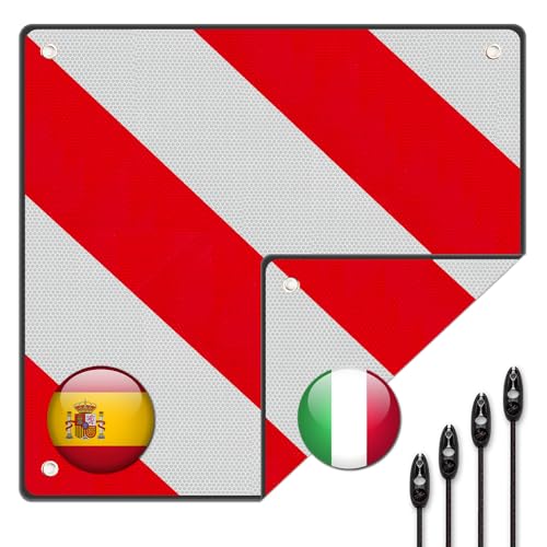 WDKXCN Warntafel, 2 in1 Warntafel Italien Spanien mit 4 Spannseile, 50 x 50 cm Warntafel Italien und Spanien, Warnschild Fahrradträger für Heckträger, Anhänger, Wohnwagen, Auto, Wohnmobil