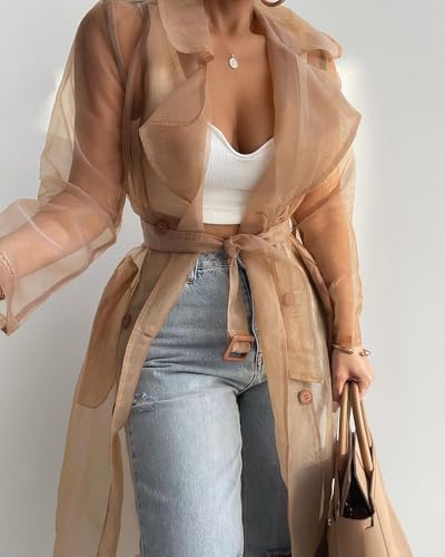 CHICME 2025 Women Longline Trench Coat Sheer Mesh Sleeve Buttoned CoatTransparent Jacket Coat with Belt4