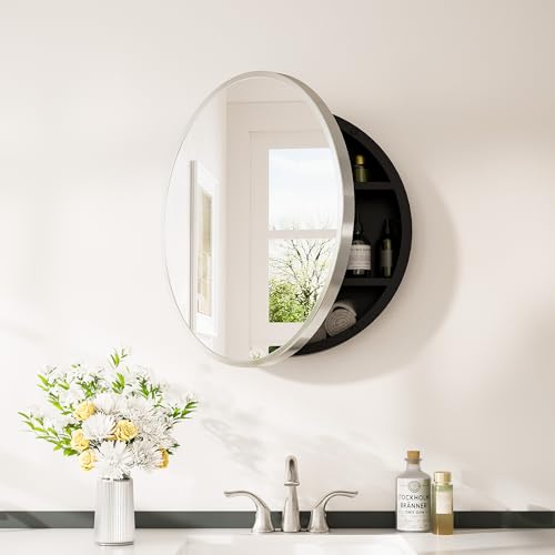 Image of Keonjinn 24 inch x 24 inch Round Medicine Cabinet Mirror, Brushed Nickel Mirror Medicine Cabinet Wall Mounted, Circular Medicine Cabinets with Mirrors, Circle Framed Vanity Mirror with Storage