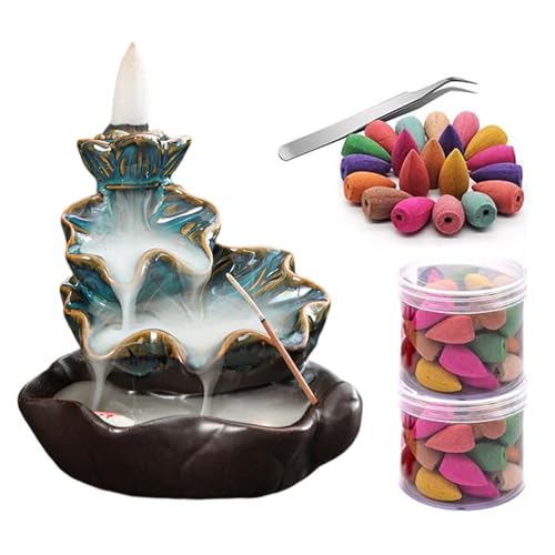 Guador - Bruciatore di incenso a controcorrente, con cono di incenso a controcorrente, 80 pezzi e 1 pinzetta per casa, ufficio, camera da letto, yoga, fiori di loto, colore: