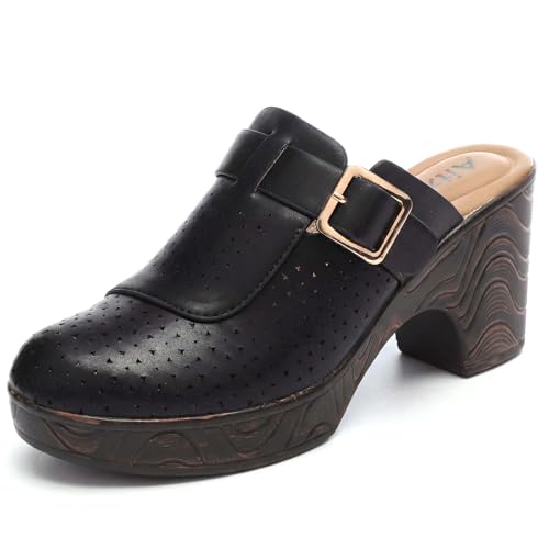 Altxic Women's Hollow Out Adjustable Strap Vamp Low Block Chunky Heel Comfy Slip On Wood Grain Open...