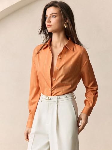 Image of Aahwan Orange Solid Button Up Drop Shoulder Striped Print Casual Formal Long Sleeve Shirt for Women's & Girl's