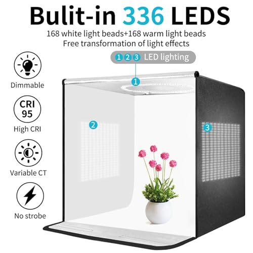 Pro 24"x24" Photo Studio Light Box 3-Side Light Panel/3-Temp/Dimmable 10%-100%/CRI95+ with 5 PVC Backdrops Portable Softbox for Jewelry, 336 True-Color LEDs Product Photography