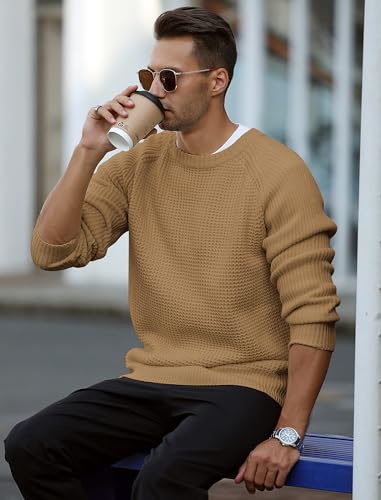 ZAFUL Men's Pullover Sweater Long Sleeve Crewneck Casual Loose Waffle Knitted Sweater (1-Camel, X-Large)4