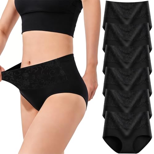 Image of marysgift Knickers for Women Multipack Cotton Underwear Womens Pants Ladies Briefs Multipack of 6 High Waisted Knicker Full Briefs 6 Pcs Plus Size UK Black 2XL UK 14 16