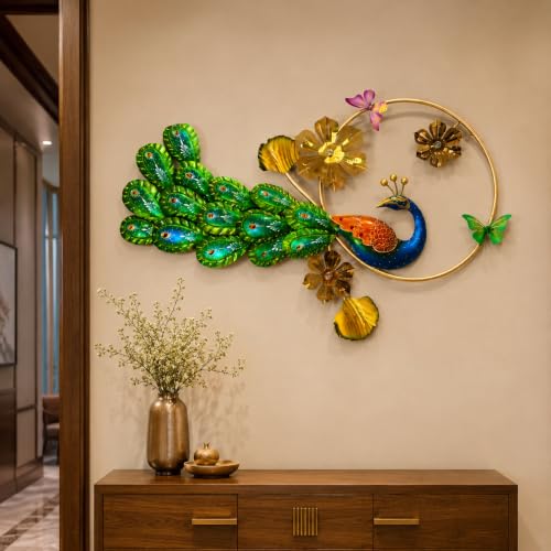 Image of SHREE 'O' GREEN TECH - Handcrafted Decorative Metal Peacock Wall Art Golden Leaf Frame Showpiece Multicolor Decor for Home Living Room Drawing Room Bedroom (Size 41x25 Inch)