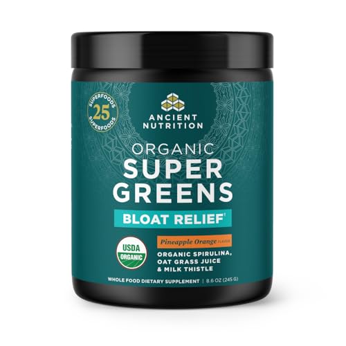 Ancient Nutrition Organic SuperGreens Bloat Relief, Digestive Enzymes, Prebiotic Fiber