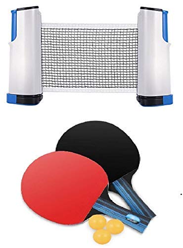 SanR Table Tennis Set with Two Racket with Three Ball and One Retractable Table Tennis Net with Push Clamps - TT Net Set for 72 inch Table Tennis Board | Portable and Foldable Net Set, Multicolour