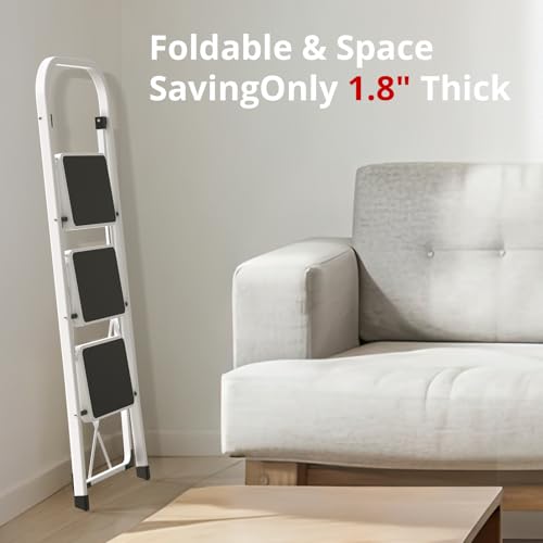 Image of HBTower Step Ladder Folding Step Stool for Adults | 3 Step Ladder with Anti-Slip Pedal, 330 lbs Capacity for Kitchen, Home, White