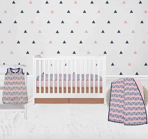 Bacati - 100 Percent Breathable Cotton Muslin 4 Piece Nursery Baby Crib Bedding Set for Boys/Girls US Standard Crib (Triangles Coral/Navy)