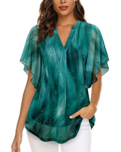 Image of Timeson Women's Short Sleeve V Neck Blouses Shirts Floral Double Layers Mesh Tunics Tops