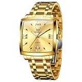 OLEVS Gold Watches for Men Business Men's Square Watch Luxury Stainless Steel Easy Reader Large Rectangular Face Wrist Watches for Man Date Waterproof Analog Quartz Dress Golden Relojes para Hombres