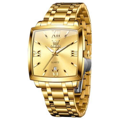 OLEVS Gold Watches for Men Business Men's Square Watch Luxury Stainless Steel Easy Reader Large Rectangular Face Wrist Watches for Man Date Waterproof Analog Quartz Dress Golden Relojes para Hombres