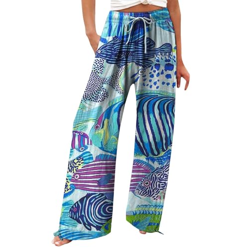 Pantalones deportivos casuales de primavera 2025 para mujer, con estampado artístico vintage, de algodón y lino, pantalones casuales de pierna ancha con bolsillos, pantalones deportivos sueltos, azul,