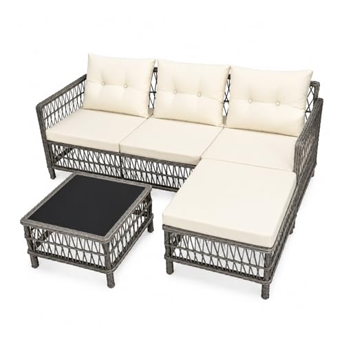 FERNVALE 4-Piece L-Shaped Rattan Garden Furniture Set, White PE Wicker Patio Sofa with Coffee Table,...