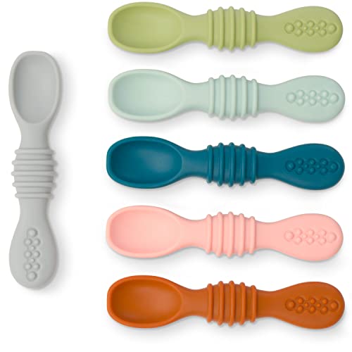 Image of Simka Rose Silicone Baby Spoons Self Feeding (6 Pack)- First Stage Infant Spoons for Babies & Toddlers- Baby Led Weaning Shallow Spoons- Easy on Gums- 6 Months+ -Dishwasher Microwave Safe
