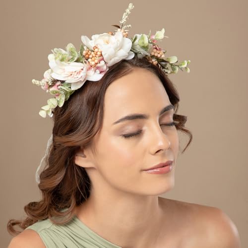 Image of Radhu & Kabby White & Blush Pink Floral Hair Tiara for Women | Delicate Artificial Flower Crown with Ribbon Tie | Elegant Headpiece for Weddings, Parties & Photoshoots | Lightweight | 1 Piece