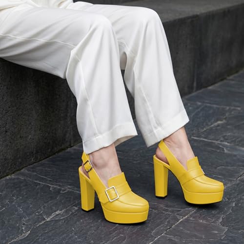 Image of Women's High Heel Loafers Platform Pumps Round Toe Heels Chunky Heel Pumps Stylish Comfortable 4.8 Inch Slingback Heels