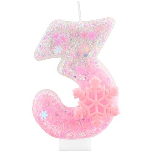 Velas de aniversário com purpurina de Frozen 3, velas de floco de neve rosa número 3 para bolos, decorações de aniversário de meninas, decorações de bolo com tema Frozen para meninas e