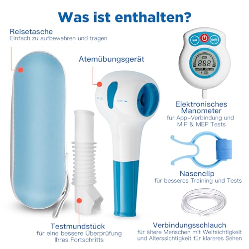 Lungentrainer mit APP, Atemtrainer für Lunge mit elektrischem Manometer & Testmundstück & Reiseetui | Lungen-Trainingsgerät für bessere Lunge | 6 Widerstandsstufen | Mobile Trainings-App inklusive