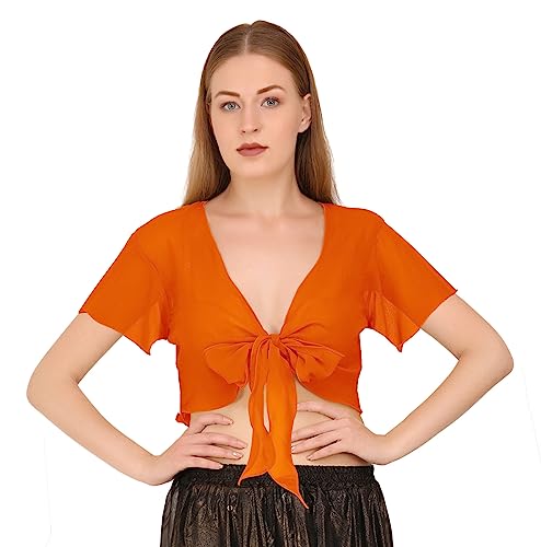 Image of Indian Trendy Women's Chiffon Short Sleeve Tie Top Choli Blouse Belly Dance Gypsy Tie Front Cardigan Tops