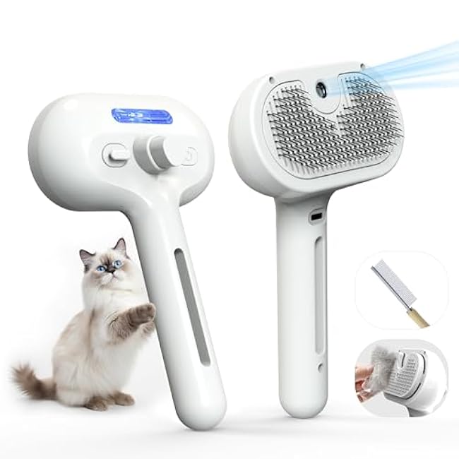 Pet Grooming Brush with Electronic Mist Spray - Gentle Deshedding Tool for Cats & Dogs, Pet Steam Brush£¬Reduces Shedding, Soft Bristles, Promotes Healthy Coat-Comes with a hair smoothing comb-White-3GuFHbZe