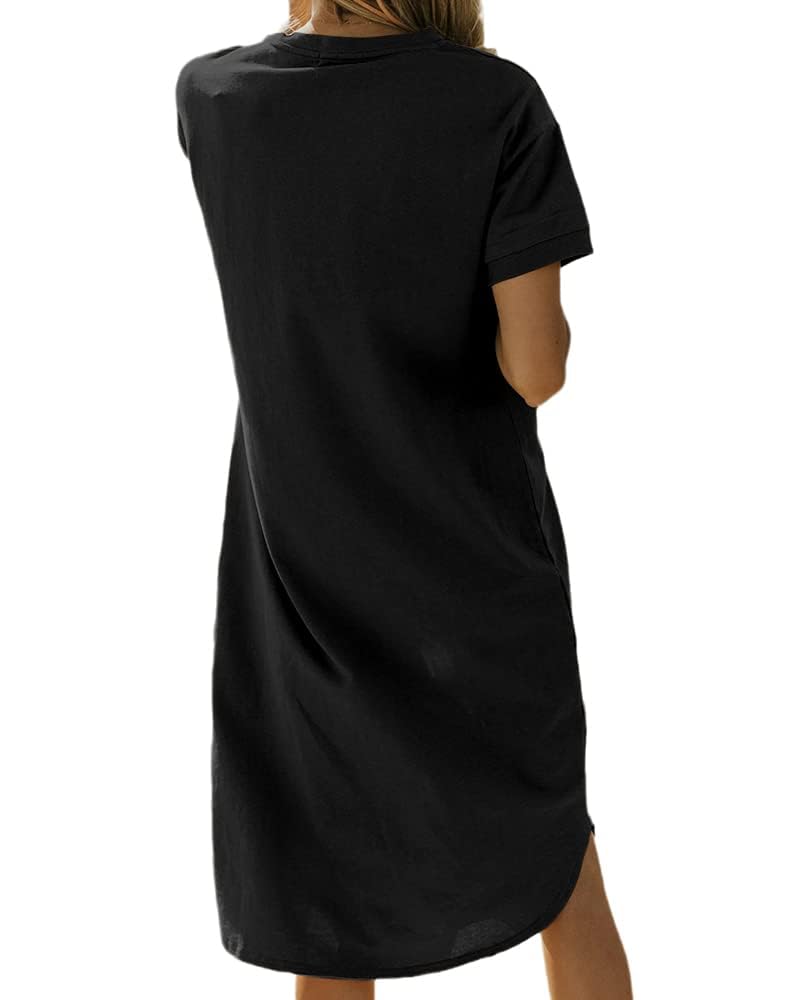 Imily Bela Dame Tshirt Kleid Sommer Shirtkleid Baumwolle Kurzarm Rundhals Minikleider Freizeitkleid mit Taschen.