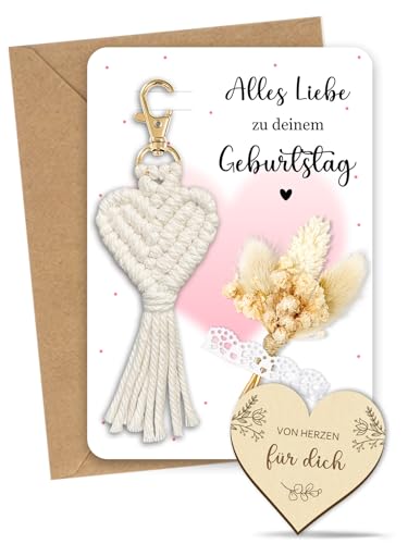 Geburtstagsgeschenk für Frauen, Geburtstag Geschenk Set mit Geburtstagskarte Frau, Makramee Schlüsselanhänger mit Trockenblumen und Herzförmige Holzspäne, Geschenk für Freundin Geburtstag – Bild 8