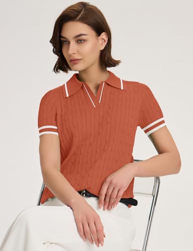 Image of Micoson Womens Short Sleeve Sweater Tops Lapel V Neck Polo Shirts 2026 Summer Cable Knit Loose Blouse Business Casual Outfits
