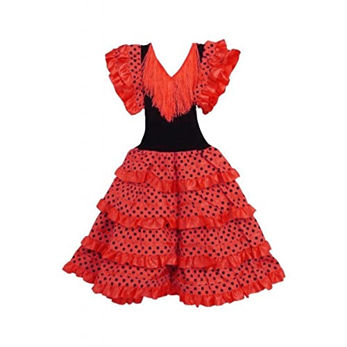 Vestido Sevillanas Niña con Accesorio Peineta Collar Pulsera Pendientes, Vestido Flamenco Español Tradicional Para Niña, Traje Flamenca Feria Abril Sevilla Actuaciones Baile (8 años, Rojo)
