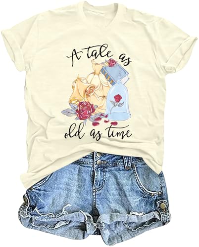 Cute Princess Belle Tshirt Magic Kingdom Shirts for Women Rose Graphic Tee Magical Vacation Tee Summer Girls Trip Tops
