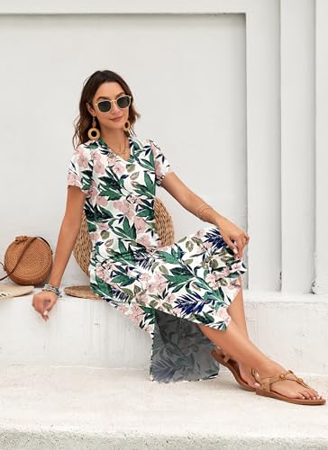Image of MISFAY Womens Maxi Dress Short Sleeve V Neck Loose with Pockets | Soft stretchy breathable, v neck loose fit, side split hem, two side pockets, casual daily beach vacation travel dress