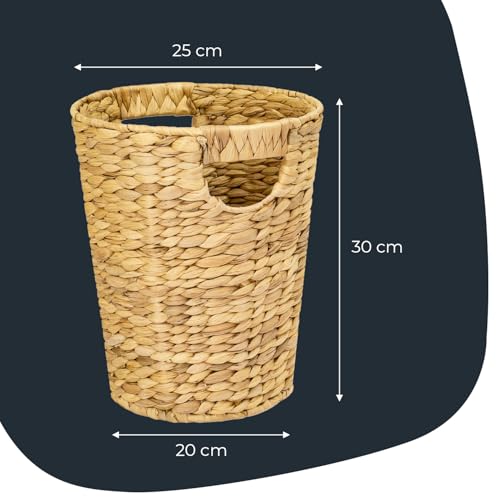 Miniatura 5 de Hmf Papelera De Escritorio Decorativa Para Oficina Y Hogar, Cesta De Almacenamiento Trenzada De Jacinto De Agua Con 2 Asas Redondo 25 Cm De Diámetro, 30 Cm De Altura