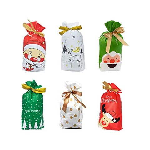 AILINDA 60 Pcs Christmas Drawstring Gift Bags Xmas Tree Present Package Candy Treat Bags Reusable Santa Sack for Christmas Birthday Wedding Anniversary Party Favors - 9 x 5.9 Inch Cover