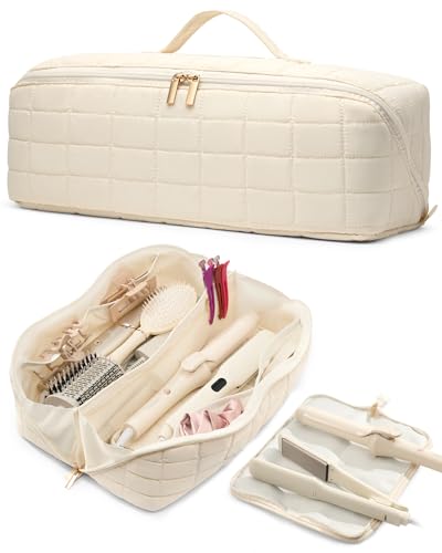 Noldena Hot Tools Travel Case with Heat Resistant Mat Pouch Large Hair Tool Organizer Bag for Curling Iron Flat Iron Hair Dryer Hot Air Brush Water Resistant Makeup Bag Gift for Women Beige