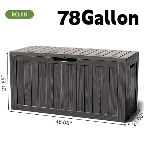 ROJIK Outdoor Storage Housing Deck Box - Waterproof Patio Furniture, Garden Tools, Cushions, Pool Accessories Storage Bench with Lockable Lid and Side Handles (Black 78 Gal)