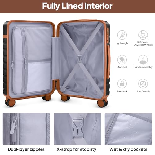 Image of Luggage Sets 3 Piece, Carry On Luggage 20In With Spinner Wheels,PC Hardside Suitcase Set with TSA Lock,Durable Carry On Suitcase With Travel Backpack for Men (Black Brown, 3 piece set (BP /20inch))