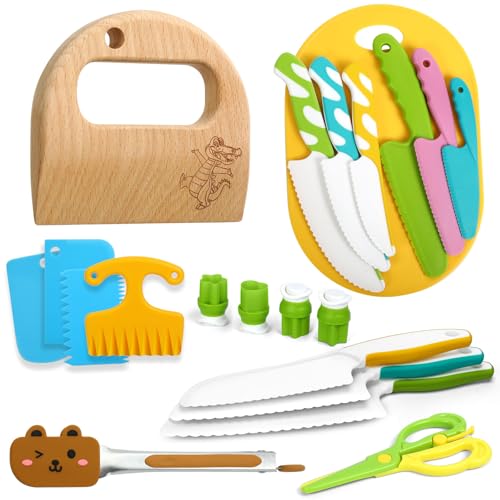Kindermesser 21- teiliges Kinder Sicherheit Küchenmesser für echtes Kochen und Schneiden mit Krokodil Holzmesser, Schneidebrett, Kinder Küchenspielzeug für Lernen & Spielen Montessori Messer