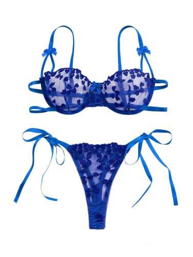 Image of Lilosy Sexy Tie Side Cute Underwire Push Up Strappy Embroidered Mesh Sheer Lingerie Set