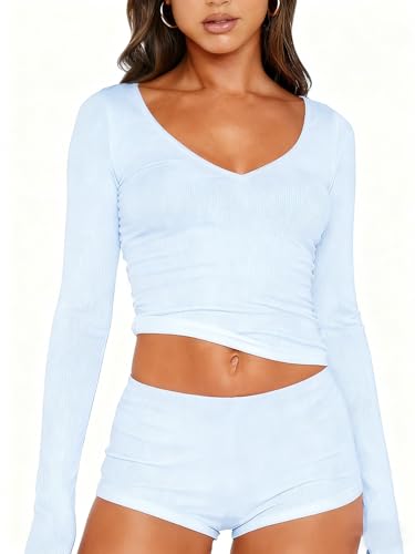 Image of Dressmine Sexy Pajamas Set for Women Spring Pj Lounge Sets 2 Piece Cute Sleepwear Long Sleeve V Neck Y2K Tops Shorts