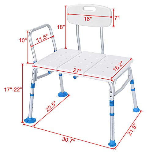 Health Line Massage Products Tool-Free 400 lbs Transfer Bench, Adjustable Shower Tub Bath Chair w/Reversible Back and Non-Slip Feet for Elderly, Disabled, Seniors & Bariatric - Free Back Scrubber