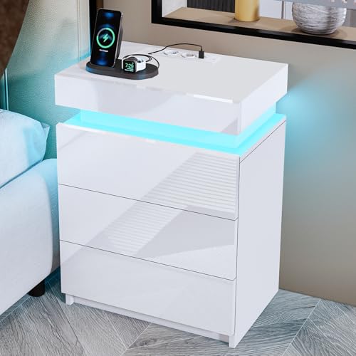 Ikewaier Moderner Hochglanz Nachttisch Schrank Kommode mit 3 Schubladen Schlafzimmer Beistelltisch Nachttisch mit 16 Farben RGB LED Lichter Möbel...